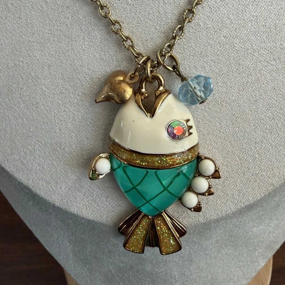 Vintage Betsey Johnson Sea Excursion Fish Necklace Blue Lucite Rhinestone Gold